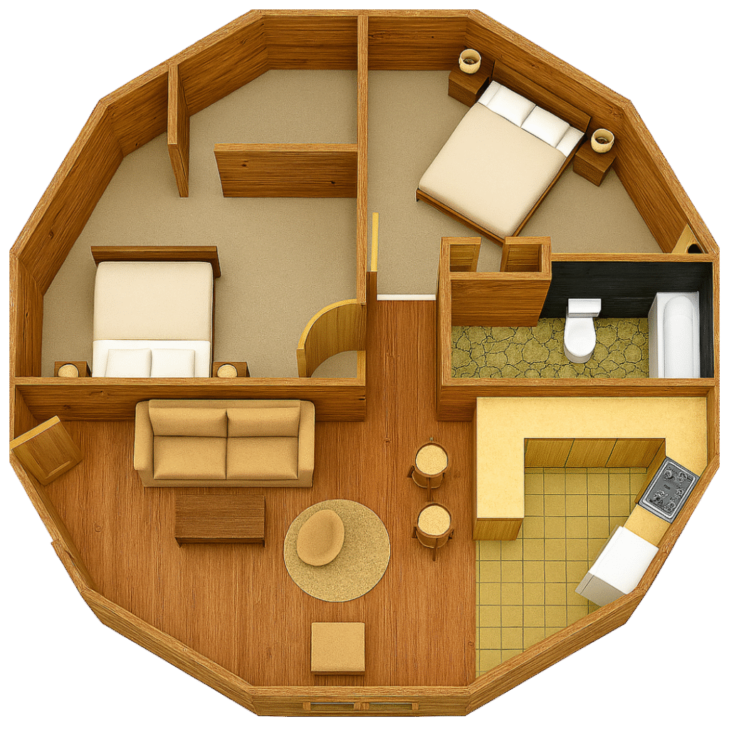 Distribución interna de domo geodésico con cocina, living y dormitorios