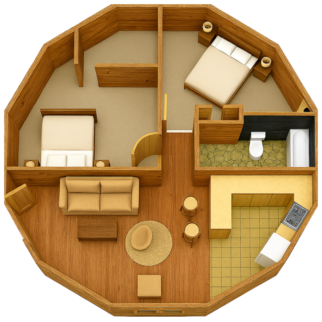 Distribución interna de domo geodésico con cocina, living y dormitorios