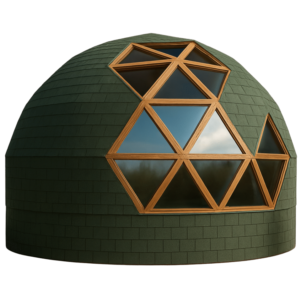 Domo geodésico verde de 8 metros armado con ventanas triangulares de madera