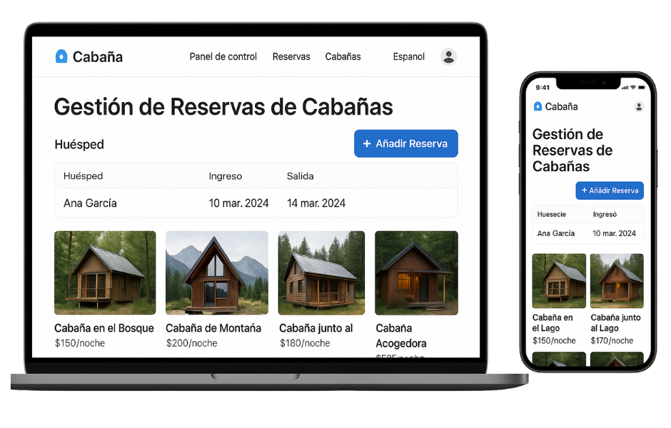 Pantalla del software Lodgix en laptop y móvil para reservas de cabañas