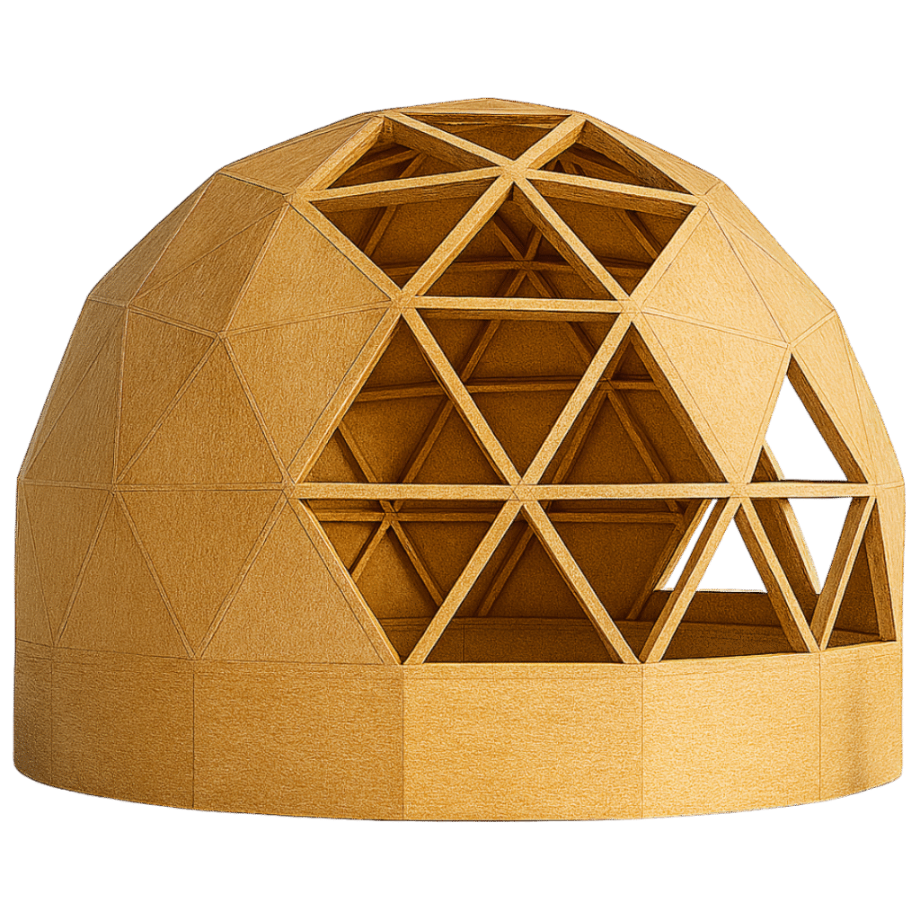 Vista frontal de domo prefabricado en madera, entregado en kit por Domos Quilpué con triángulos estructurales armados y forrado exterior