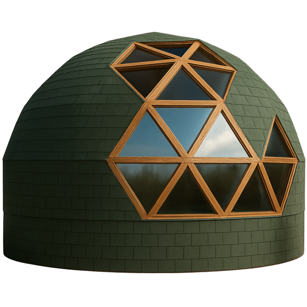 Domo Glamping prefabricado de Domos Quilpué con ventanas triangulares de vidrio, cubierta impermeable y terminaciones exteriores instaladas.