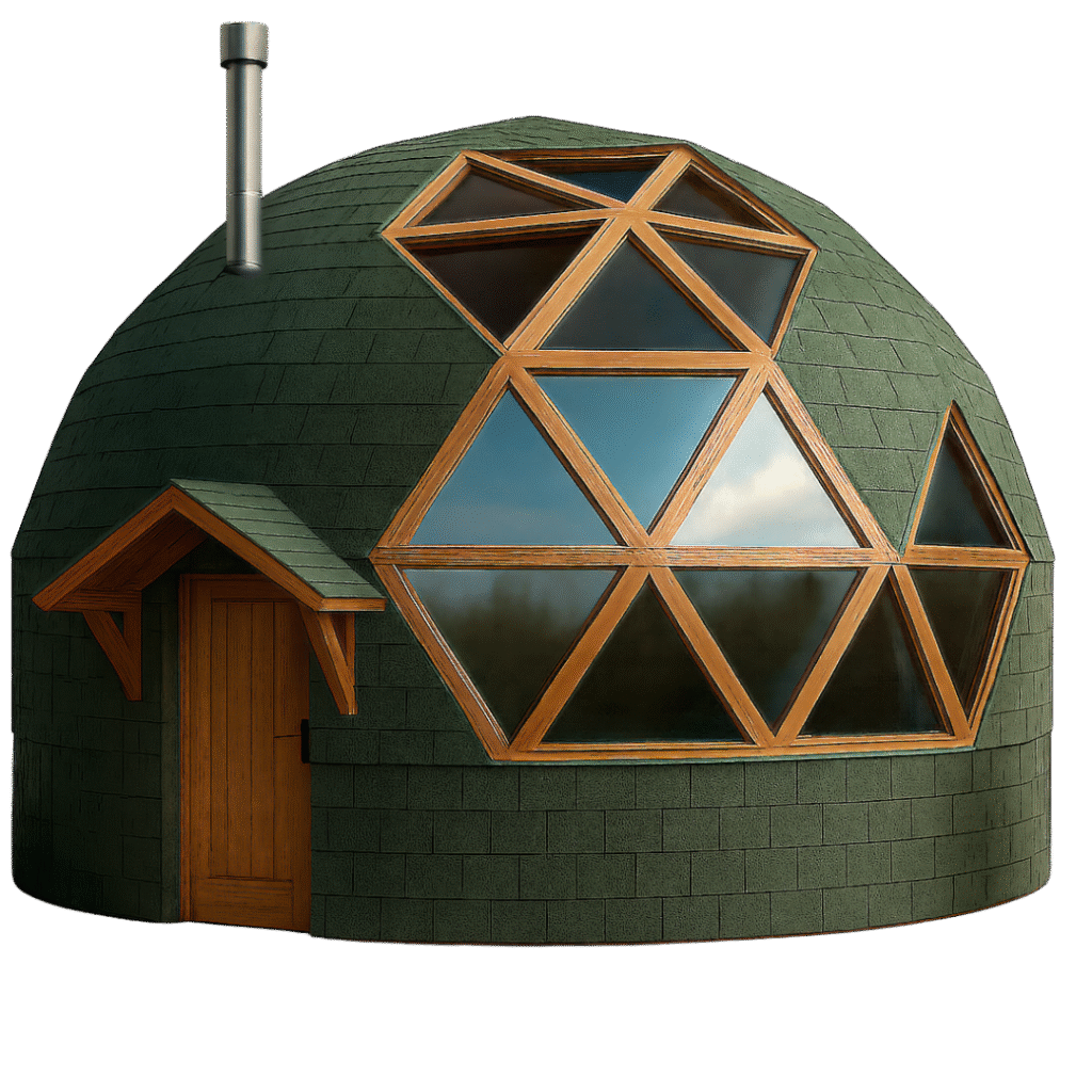 Domo llave en mano de Domos Quilpué, con ventanas de vidrio, puerta de madera y chimenea instalada, totalmente terminado y habitable.