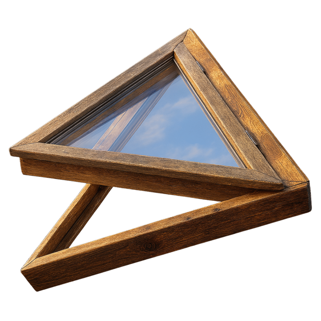 Ventana de forma triangular para domo geodésico, fabricada en madera con vidrio de alta resistencia, pensada para ventilación y luz natural
