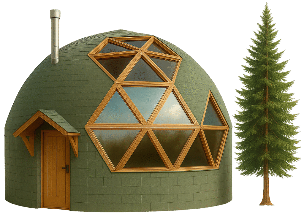 Render de domo instalado en terreno rural, con ventanas triangulares, radier y pino decorativo, parte del pack turístico Domos Quilpué.