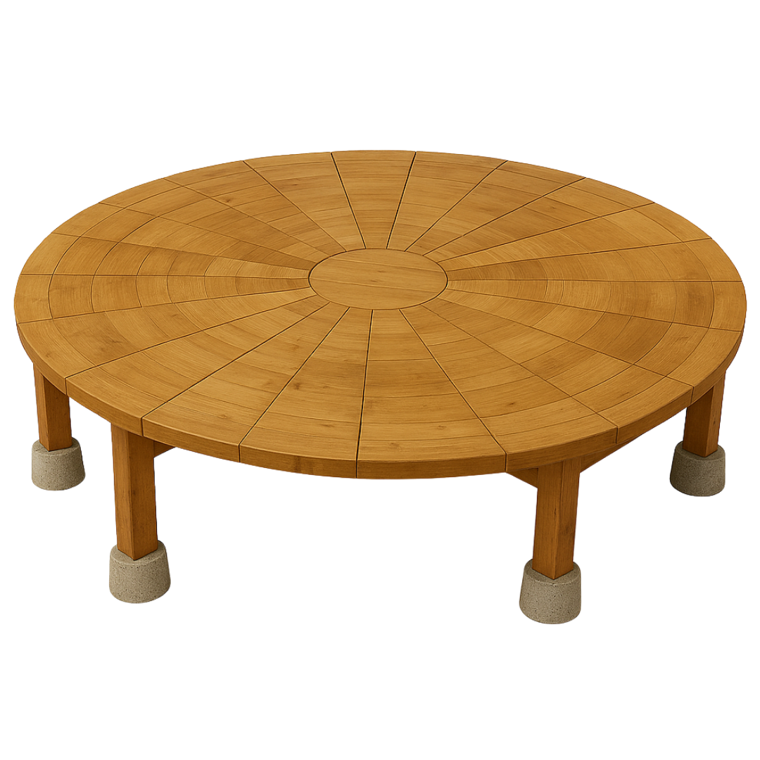 Modelo de plataforma circular de madera para domo geodésico, con estructura sobre pilotes y zapatas de hormigón para fundación en suelos irregulares