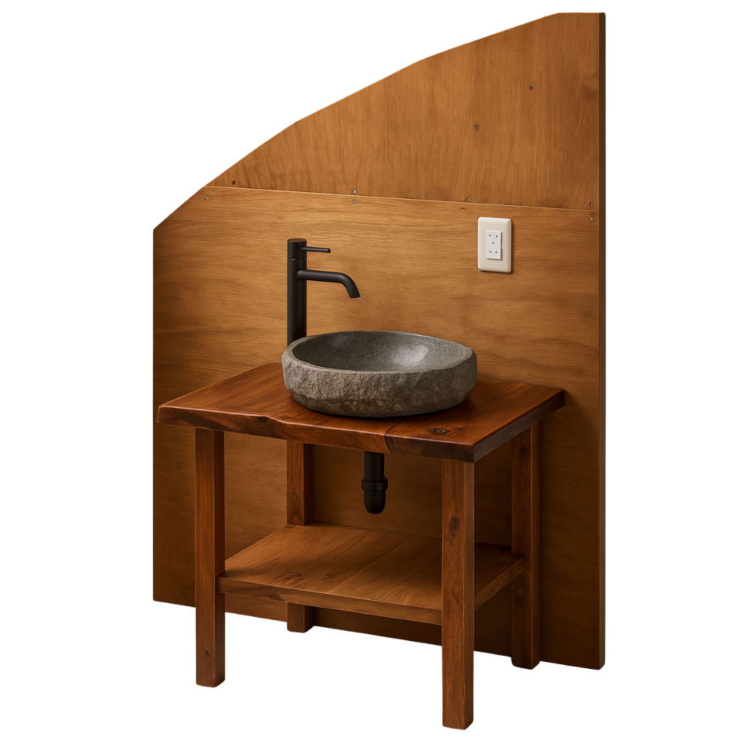 Mueble lavamanos de madera maciza con lavamanos de granito para interior de domo geodésico, diseño personalizado y fabricación en Chile